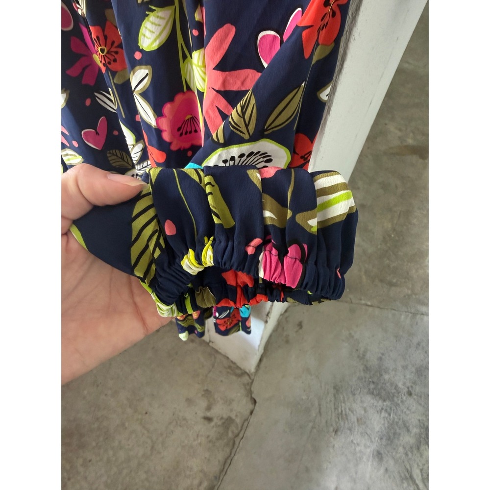 Trina Turk XS Silk Mini Dress Floral Navy Blue Mock Neck Long Sleeve Ruffle Hem - Picture 5 of 9